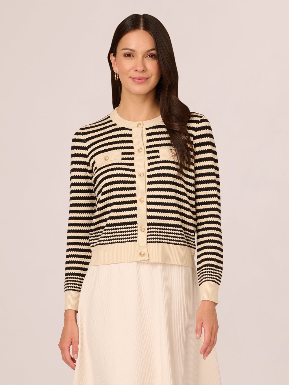 Adrianne Papell Lady-Like Black Cream Striped Knit Button Pocket Cardigan